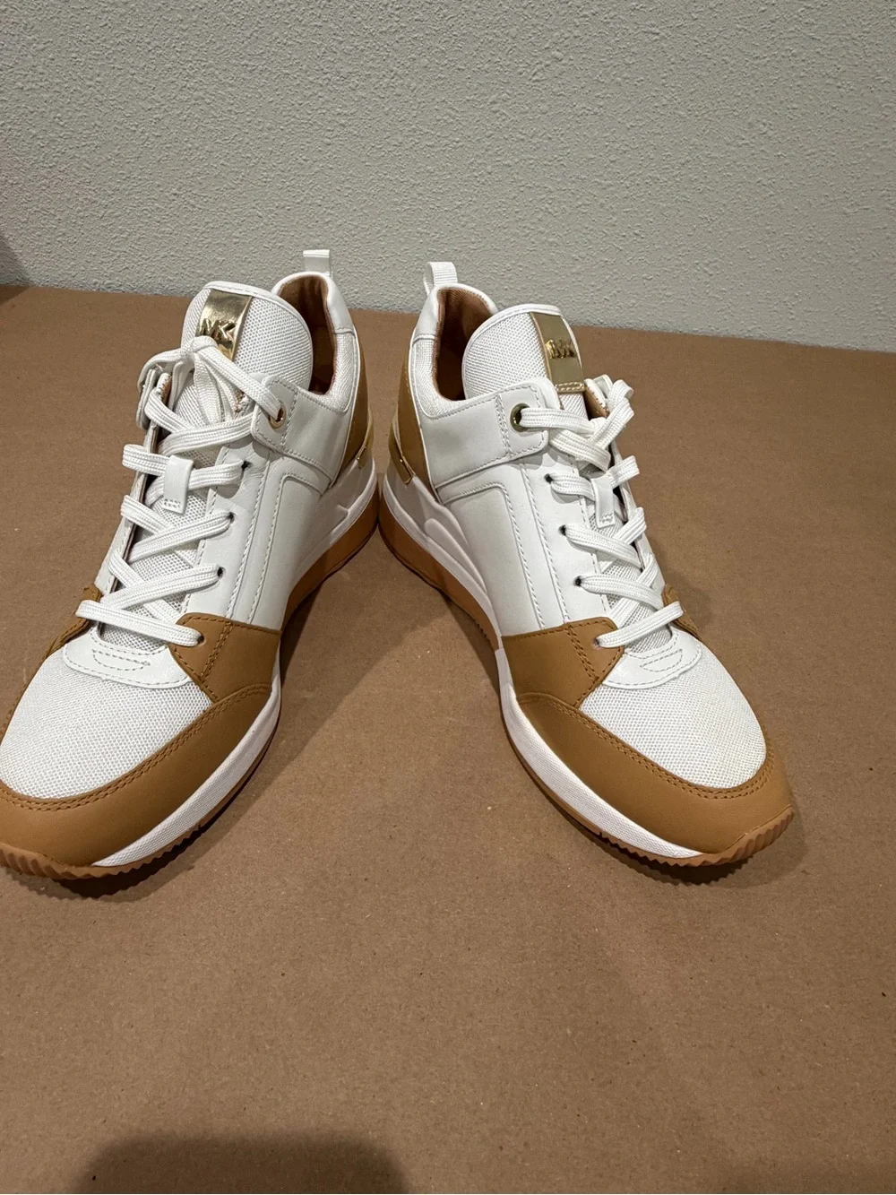 NEW! Michael Kors White and Camel Wedge Lace-Up Sneakers - Size 8